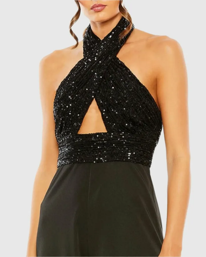 Sequined Cross Neck Halter Jumpsuit Black Women Jumpsuits and Rompers Mac Duggal Sequined Cross Neck Halter Jumpsuit Black Women Jumpsuits and Rompers Mac Duggal