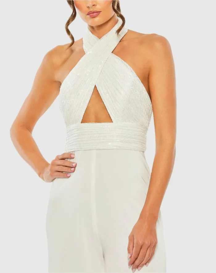 Sequined Cross Neck Halter Jumpsuit Black Women Jumpsuits and Rompers Mac Duggal Sequined Cross Neck Halter Jumpsuit Black Women Jumpsuits and Rompers Mac Duggal