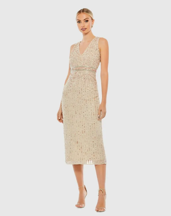 Sequined Sleeveless VNeck Midi Sheath Dress Nude Cocktail Dresses Mac Duggal Women Sequined Sleeveless VNeck Midi Sheath Dress Nude Cocktail Dresses Mac Duggal Women