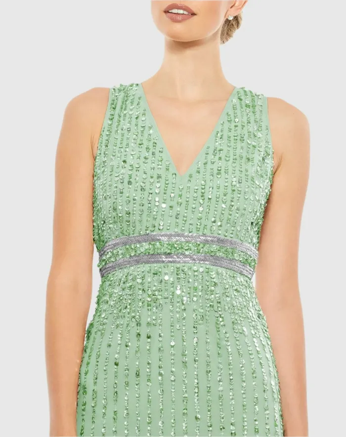 Sequined Sleeveless VNeck Midi Sheath Dress Nude Cocktail Dresses Mac Duggal Women
