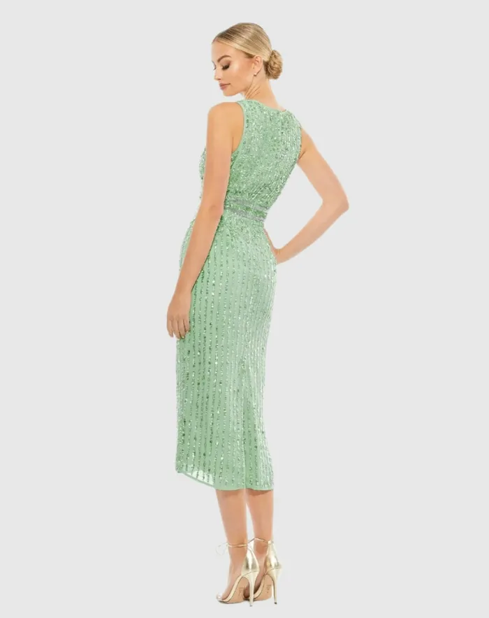 Sequined Sleeveless VNeck Midi Sheath Dress Nude Cocktail Dresses Mac Duggal Women