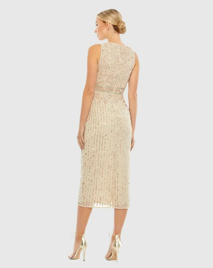 Sequined Sleeveless VNeck Midi Sheath Dress Nude Cocktail Dresses Mac Duggal Women