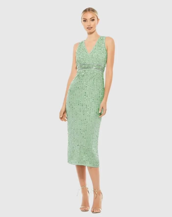 Sequined Sleeveless VNeck Midi Sheath Dress Nude Cocktail Dresses Mac Duggal Women