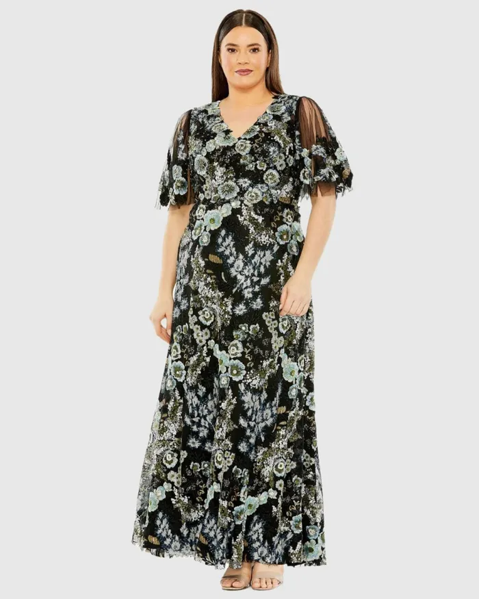 Sheer Sleeve V Neck Floral Embroidered Dress Black Multi Women Plus Size Dresses Mac Duggal Sheer Sleeve V Neck Floral Embroidered Dress Black Multi Women Plus Size Dresses Mac Duggal