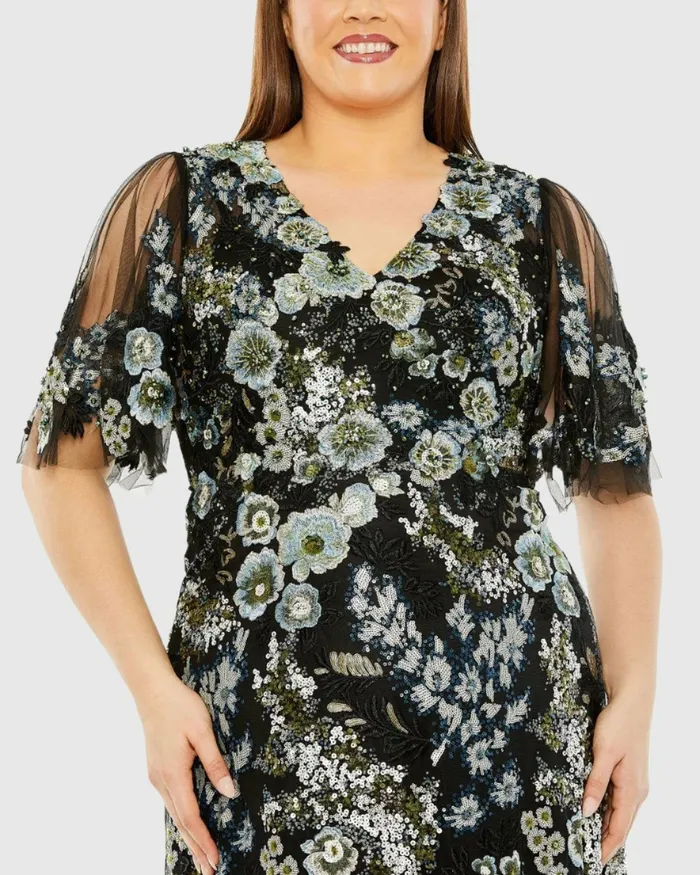 Sheer Sleeve V Neck Floral Embroidered Dress Black Multi Women Plus Size Dresses Mac Duggal