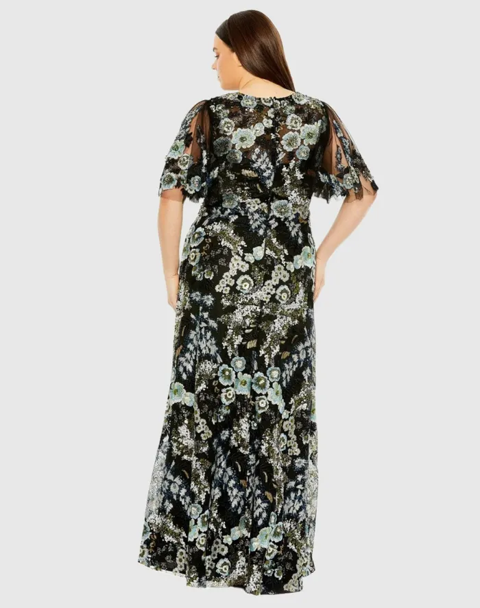 Sheer Sleeve V Neck Floral Embroidered Dress Black Multi Women Plus Size Dresses Mac Duggal