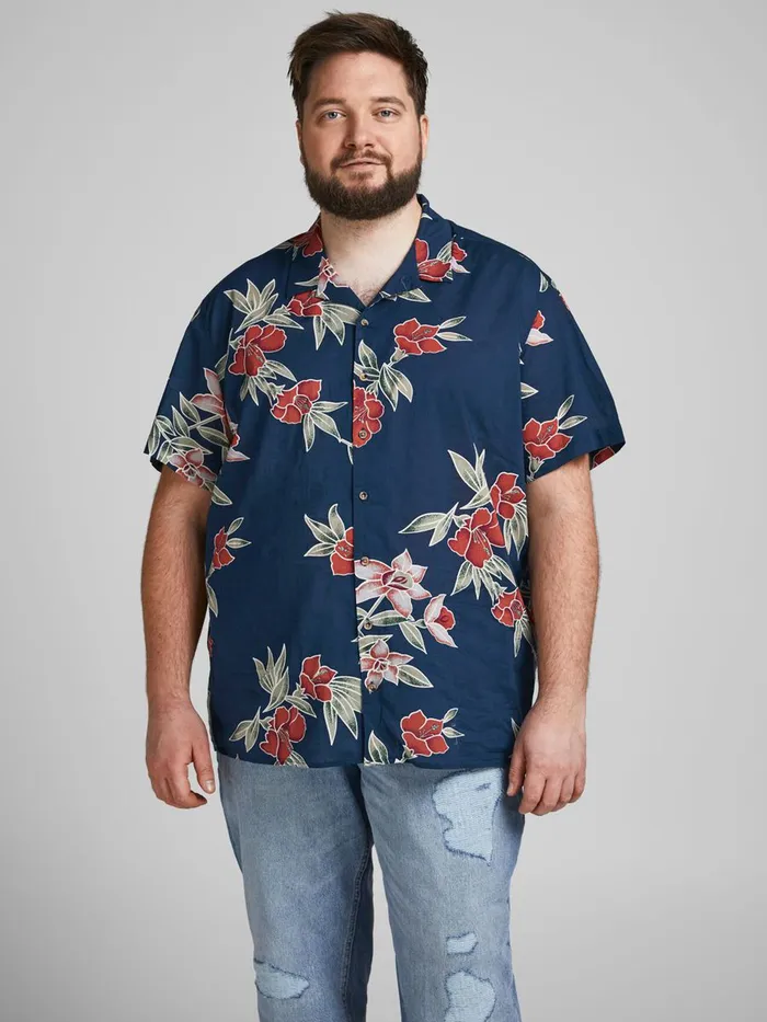 Shirts JACK and JONES Mens BOTANICAL PRINT RESORT PLUS SIZE SHIRT Blue Navy Blazer Cheap On Sale