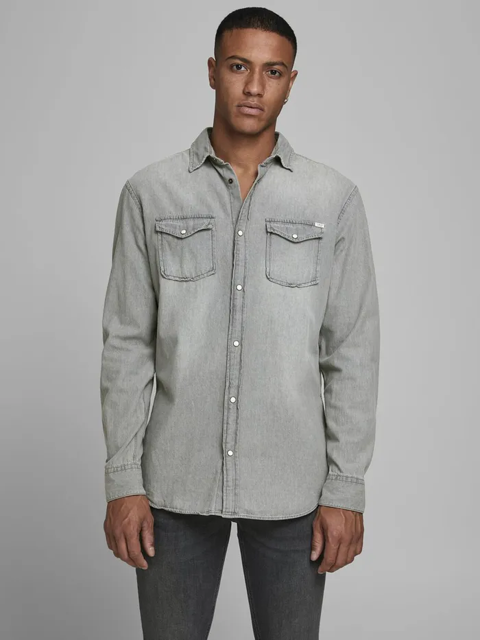 Shirts JACK and JONES Mens DENIM SHIRT Grey Light Grey Denim Cheap On Sale