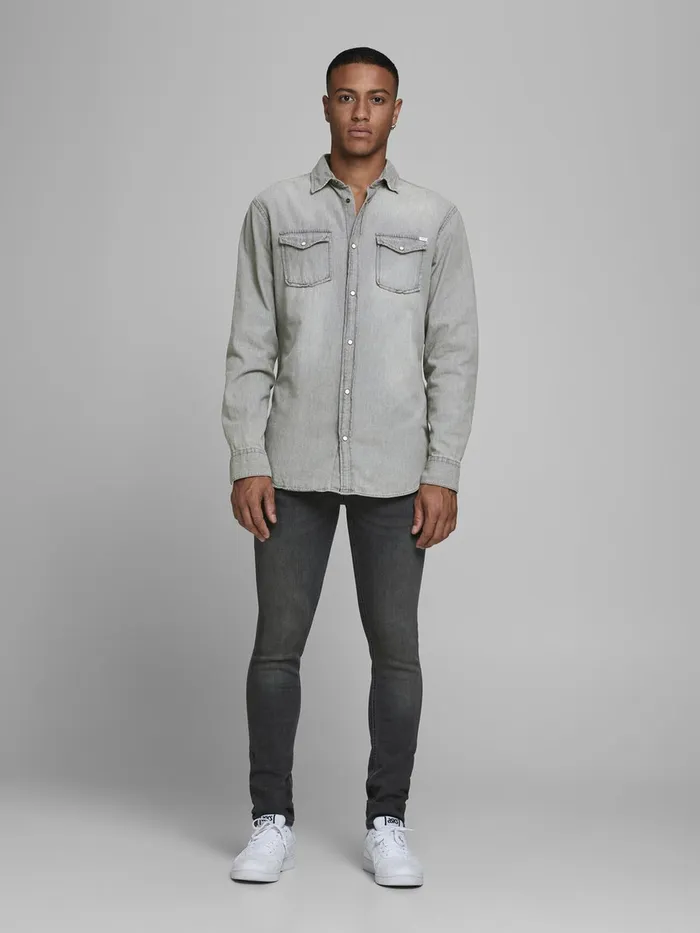 Shirts JACK and JONES Mens DENIM SHIRT Grey Light Grey Denim Cheap On Sale