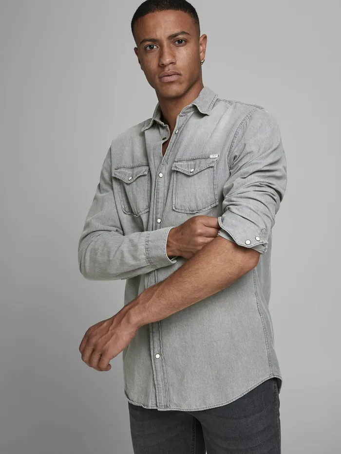 Shirts JACK and JONES Mens DENIM SHIRT Grey Light Grey Denim Cheap On Sale