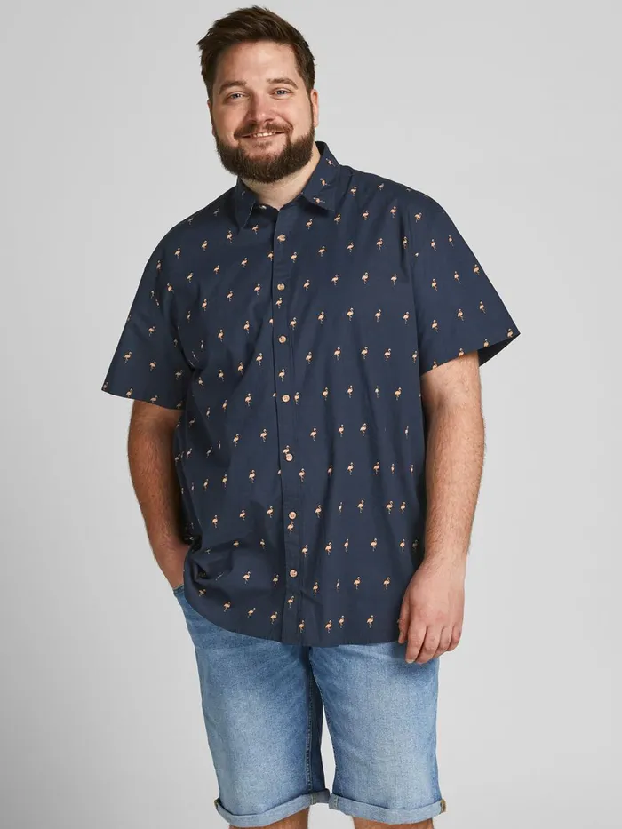 Shirts JACK and JONES Mens FUN PRINT PLUS SIZE SHORT SLEEVED SHIRT Blue Navy Blazer Casaul