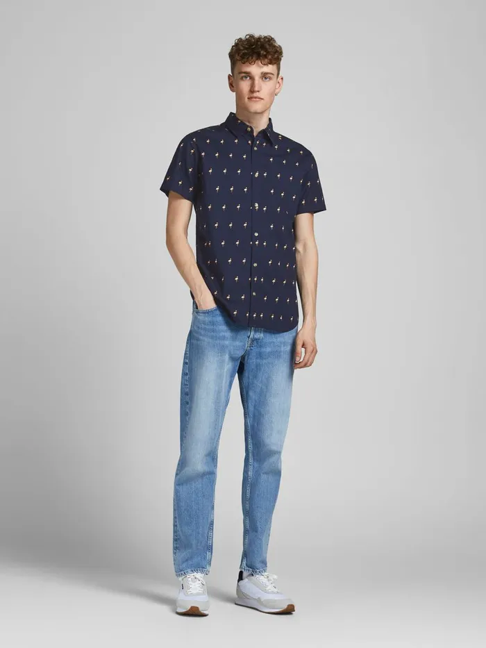 Shirts JACK and JONES Mens TROPICAL PRINT POPLIN SHORT SLEEVED SHIRT Blue Navy Blazer Gift Ideas