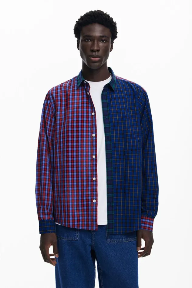 Shirts Men Desigual Patchwork Checkered Shirt Blue