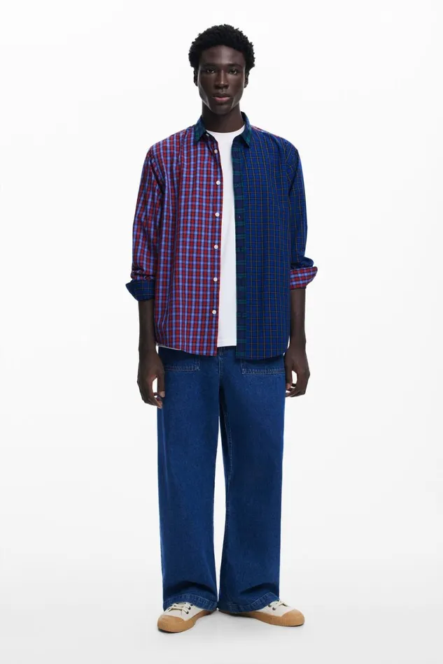 Shirts Men Desigual Patchwork Checkered Shirt Blue