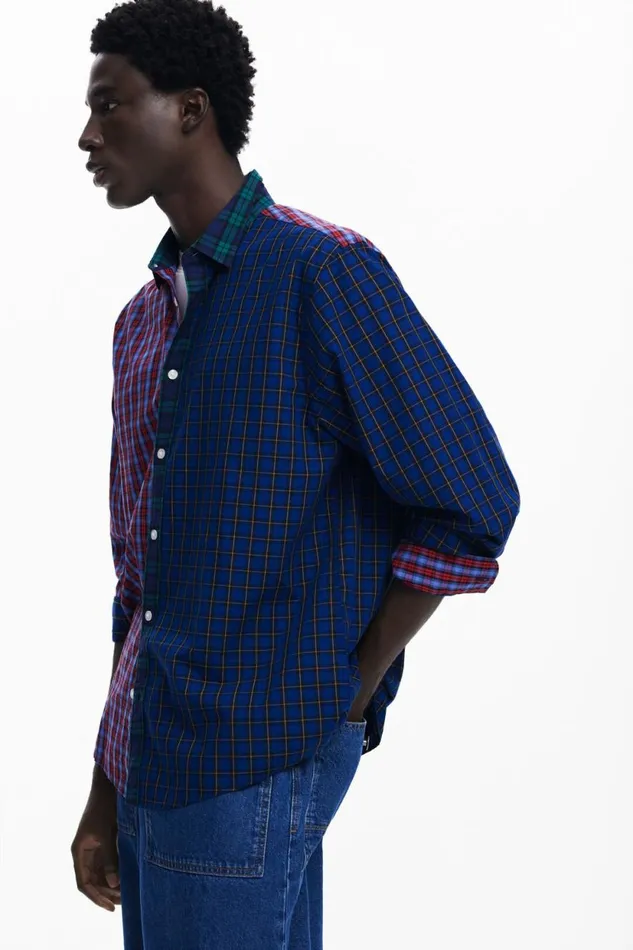 Shirts Men Desigual Patchwork Checkered Shirt Blue