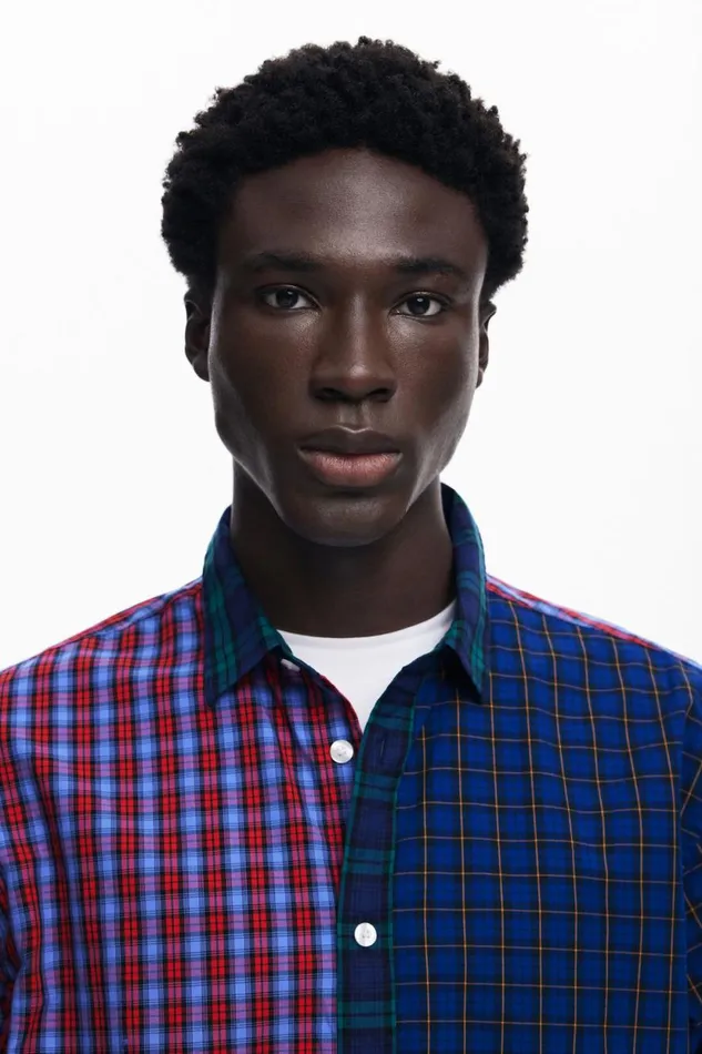 Shirts Men Desigual Patchwork Checkered Shirt Blue