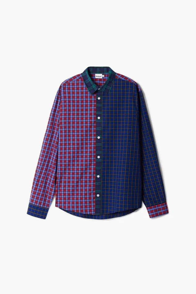 Shirts Men Desigual Patchwork Checkered Shirt Blue