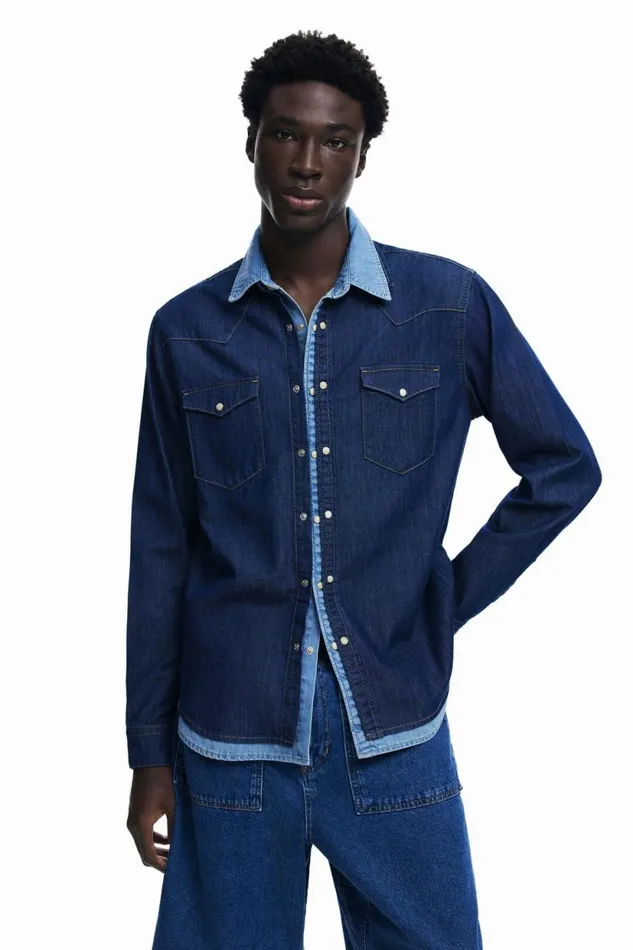 Shirts Men Desigual Patchwork Denim Shirt Blue