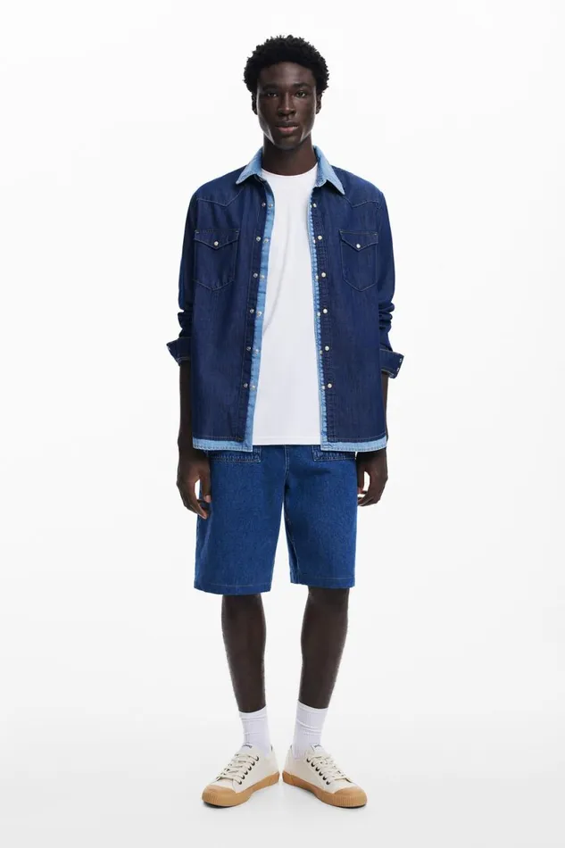 Shirts Men Desigual Patchwork Denim Shirt Blue