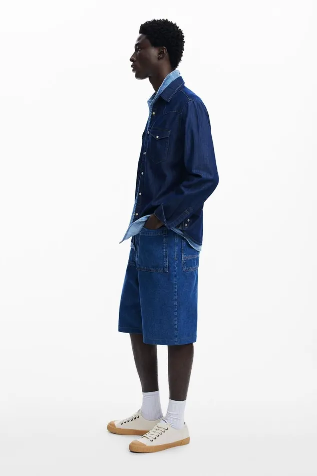Shirts Men Desigual Patchwork Denim Shirt Blue