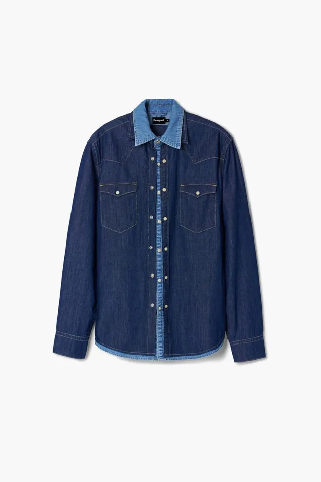Shirts Men Desigual Patchwork Denim Shirt Blue