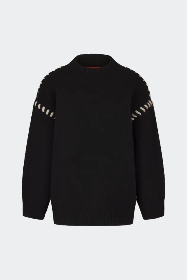Simon Miller Knitwear Women Leith Whipstitch Knit Sweater In Black With Cream Simon Miller Knitwear Women Leith Whipstitch Knit Sweater In Black With Cream