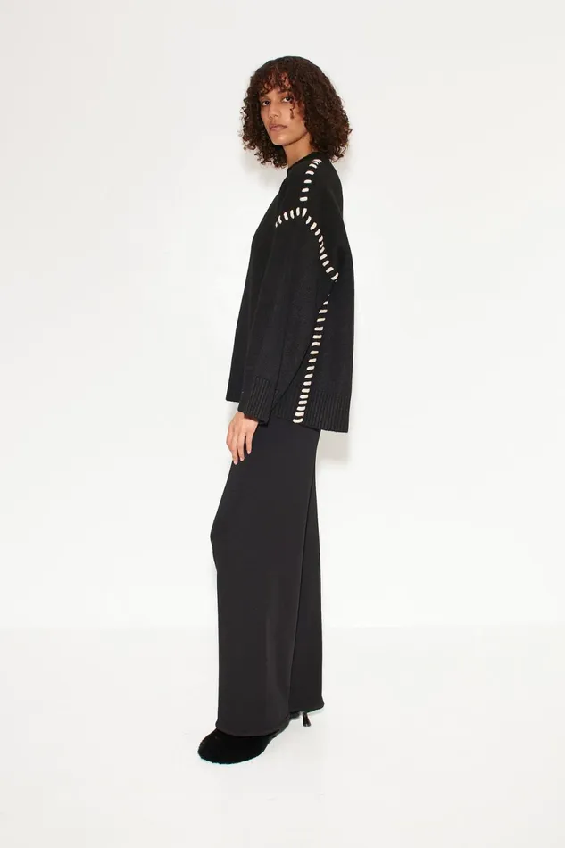 Simon Miller Knitwear Women Leith Whipstitch Knit Sweater In Black With Cream Simon Miller Knitwear Women Leith Whipstitch Knit Sweater In Black With Cream