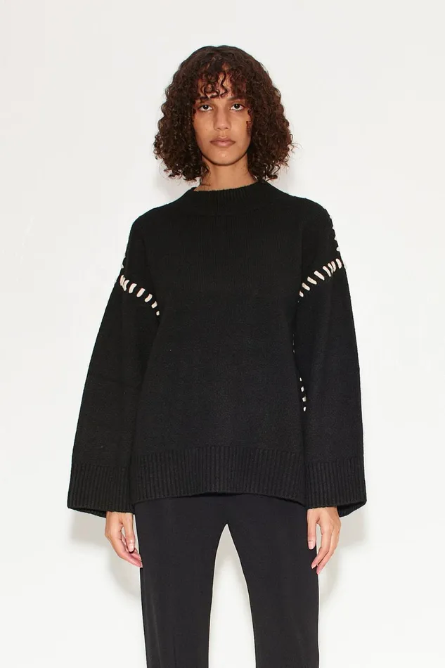 Simon Miller Knitwear Women Leith Whipstitch Knit Sweater In Black With Cream Simon Miller Knitwear Women Leith Whipstitch Knit Sweater In Black With Cream