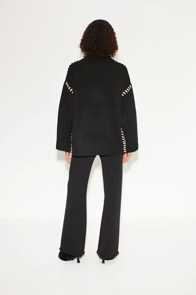 Simon Miller Knitwear Women Leith Whipstitch Knit Sweater In Black With Cream Simon Miller Knitwear Women Leith Whipstitch Knit Sweater In Black With Cream