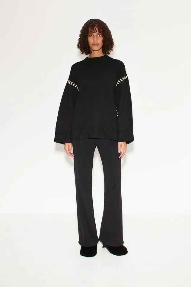 Simon Miller Knitwear Women Leith Whipstitch Knit Sweater In Black With Cream Simon Miller Knitwear Women Leith Whipstitch Knit Sweater In Black With Cream