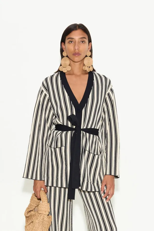 Simon Miller Knitwear Women Max Belted Knit Cardigan In BlackRice Flour Stripe Simon Miller Knitwear Women Max Belted Knit Cardigan In BlackRice Flour Stripe
