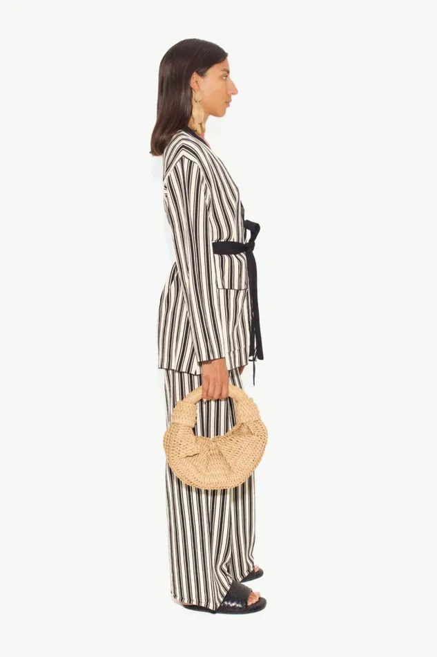 Simon Miller Knitwear Women Max Belted Knit Cardigan In BlackRice Flour Stripe Simon Miller Knitwear Women Max Belted Knit Cardigan In BlackRice Flour Stripe