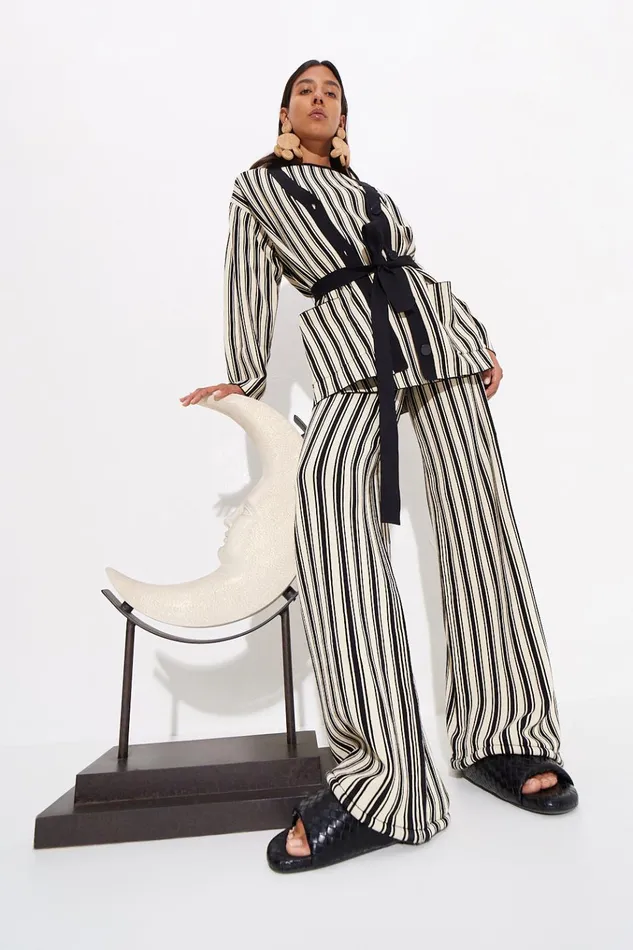 Simon Miller Knitwear Women Max Belted Knit Cardigan In BlackRice Flour Stripe Simon Miller Knitwear Women Max Belted Knit Cardigan In BlackRice Flour Stripe