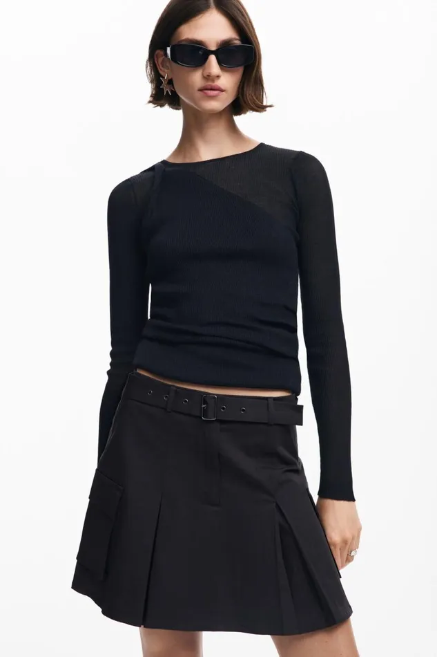Skirts And Shorts Women Desigual Pleated Skirt With Belt Black