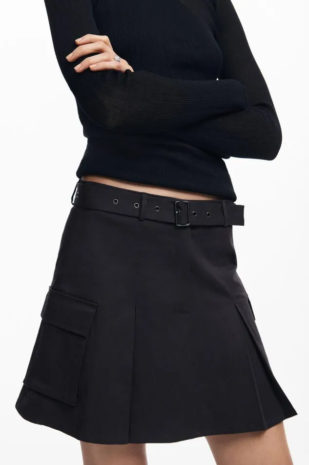 Skirts And Shorts Women Desigual Pleated Skirt With Belt Black