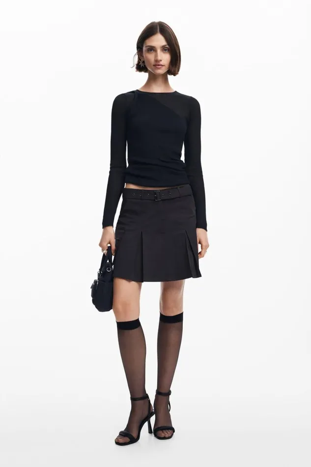 Skirts And Shorts Women Desigual Pleated Skirt With Belt Black