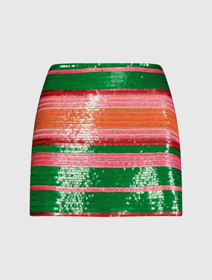 Skirts Sequin Striped Mini Skirt 8211 FINAL SALE Spring Green Multi 8211 Mac Duggal Women