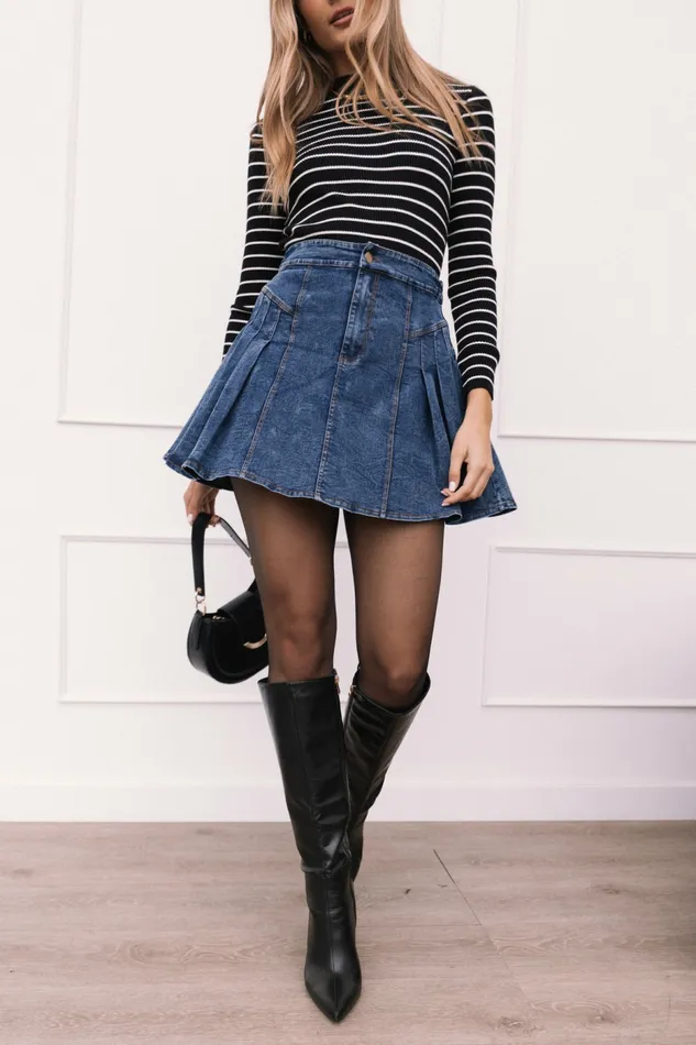 Skirts Women Alek Pleated Mini Skirt Mid Wash Denim Petal and Pup