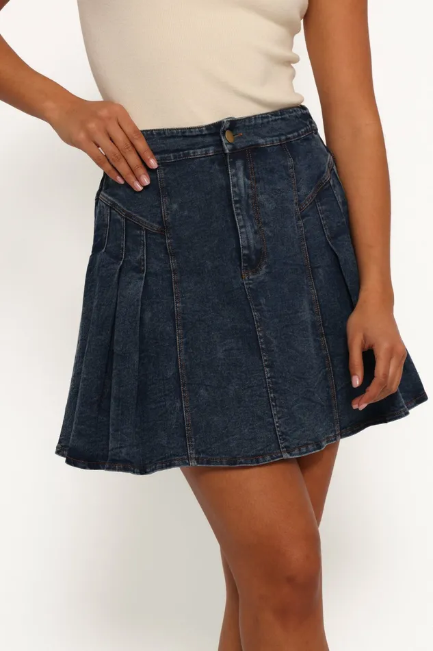 Skirts Women Alek Pleated Mini Skirt Mid Wash Denim Petal and Pup