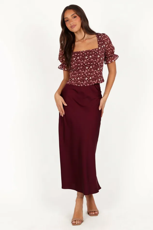 Skirts Women Petal and Pup Nellie Satin Midi Skirt Burgundy
