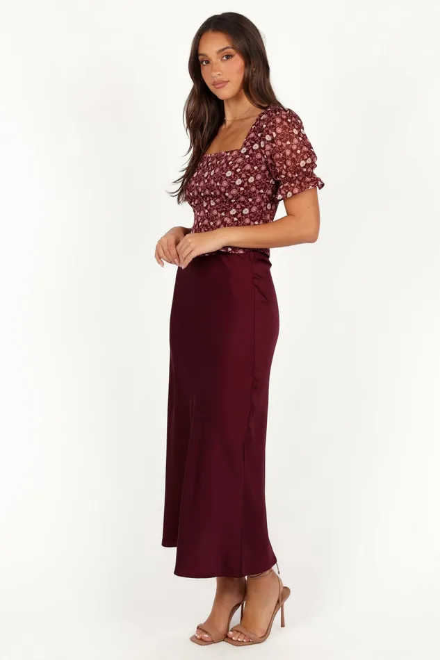 Skirts Women Petal and Pup Nellie Satin Midi Skirt Burgundy