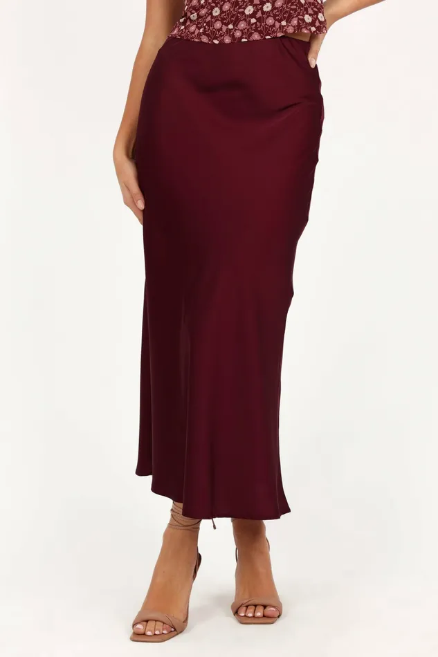 Skirts Women Petal and Pup Nellie Satin Midi Skirt Burgundy