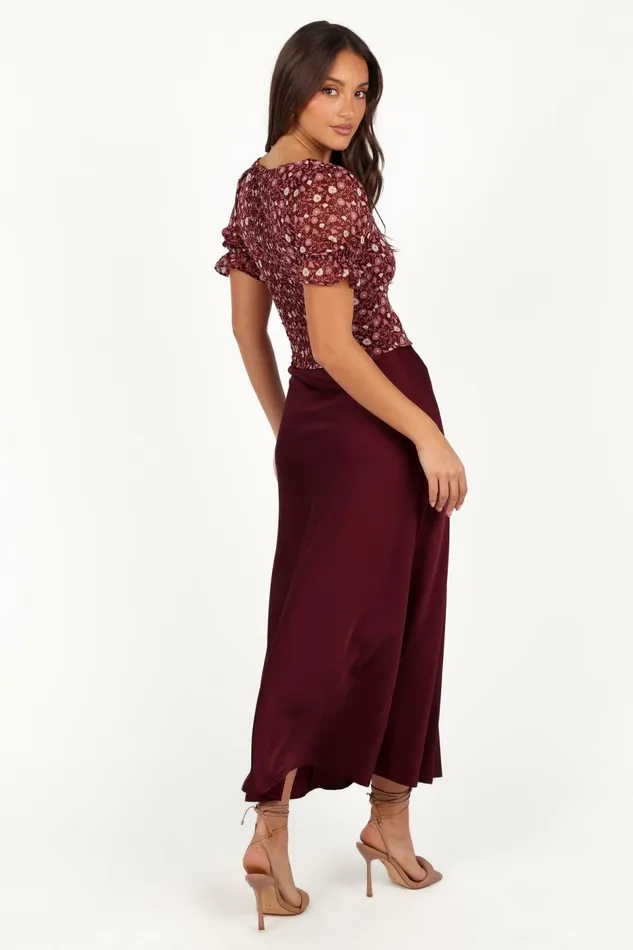 Skirts Women Petal and Pup Nellie Satin Midi Skirt Burgundy