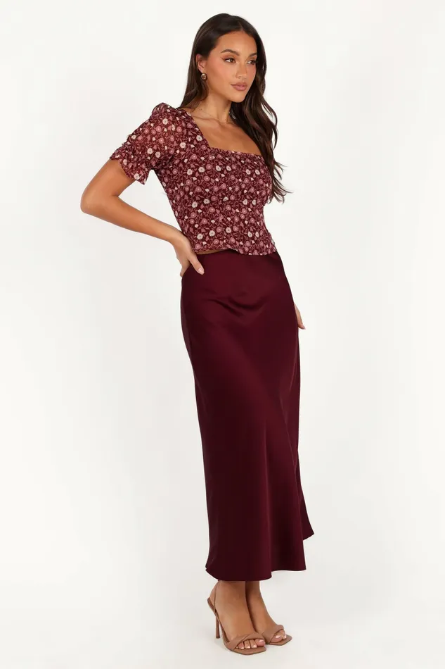Skirts Women Petal and Pup Nellie Satin Midi Skirt Burgundy