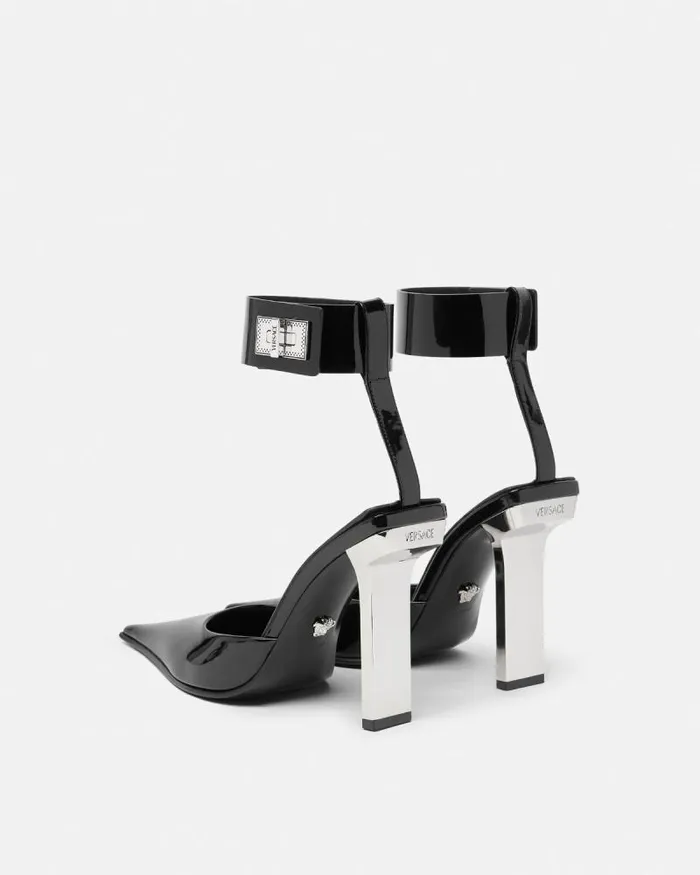 Slice Patent Slingback Pumps 105 Mm Blacksilver Women Versace Pumps and Slingbacks
