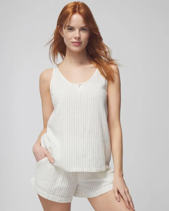 Soma Cotton Gauze Tank Dbl Cloth Bw Stripe Women Matching Sets and Separates