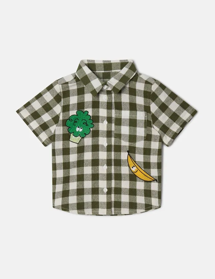 Stella McCartney Baby Boys Kids Veggie Embroidery Gingham Shirt Greenwhite