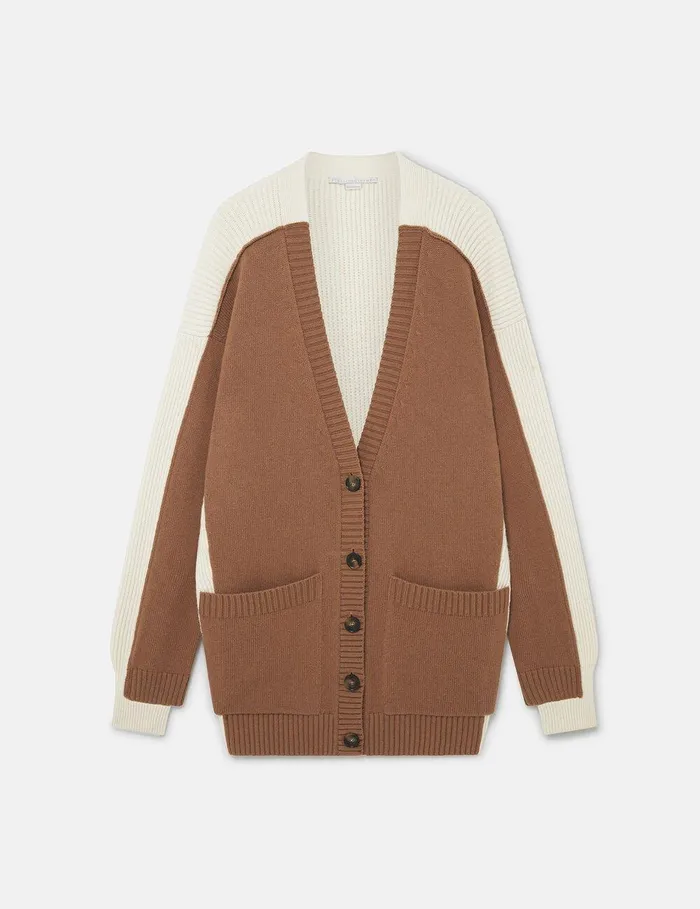 Stella McCartney Knitwear Women Hybrid Oversized VNeck Cardigan Light Brown White Stella McCartney Knitwear Women Hybrid Oversized VNeck Cardigan Light Brown White
