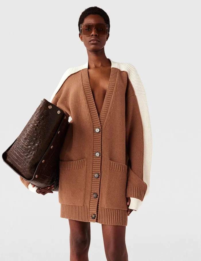 Stella McCartney Knitwear Women Hybrid Oversized VNeck Cardigan Light Brown White Stella McCartney Knitwear Women Hybrid Oversized VNeck Cardigan Light Brown White