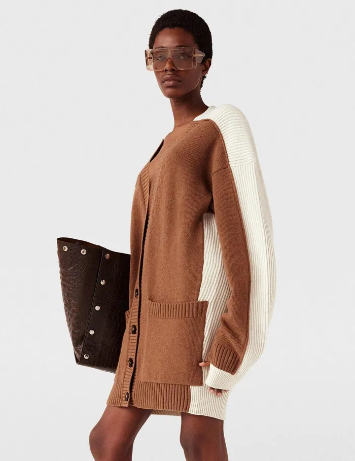 Stella McCartney Knitwear Women Hybrid Oversized VNeck Cardigan Light Brown White Stella McCartney Knitwear Women Hybrid Oversized VNeck Cardigan Light Brown White
